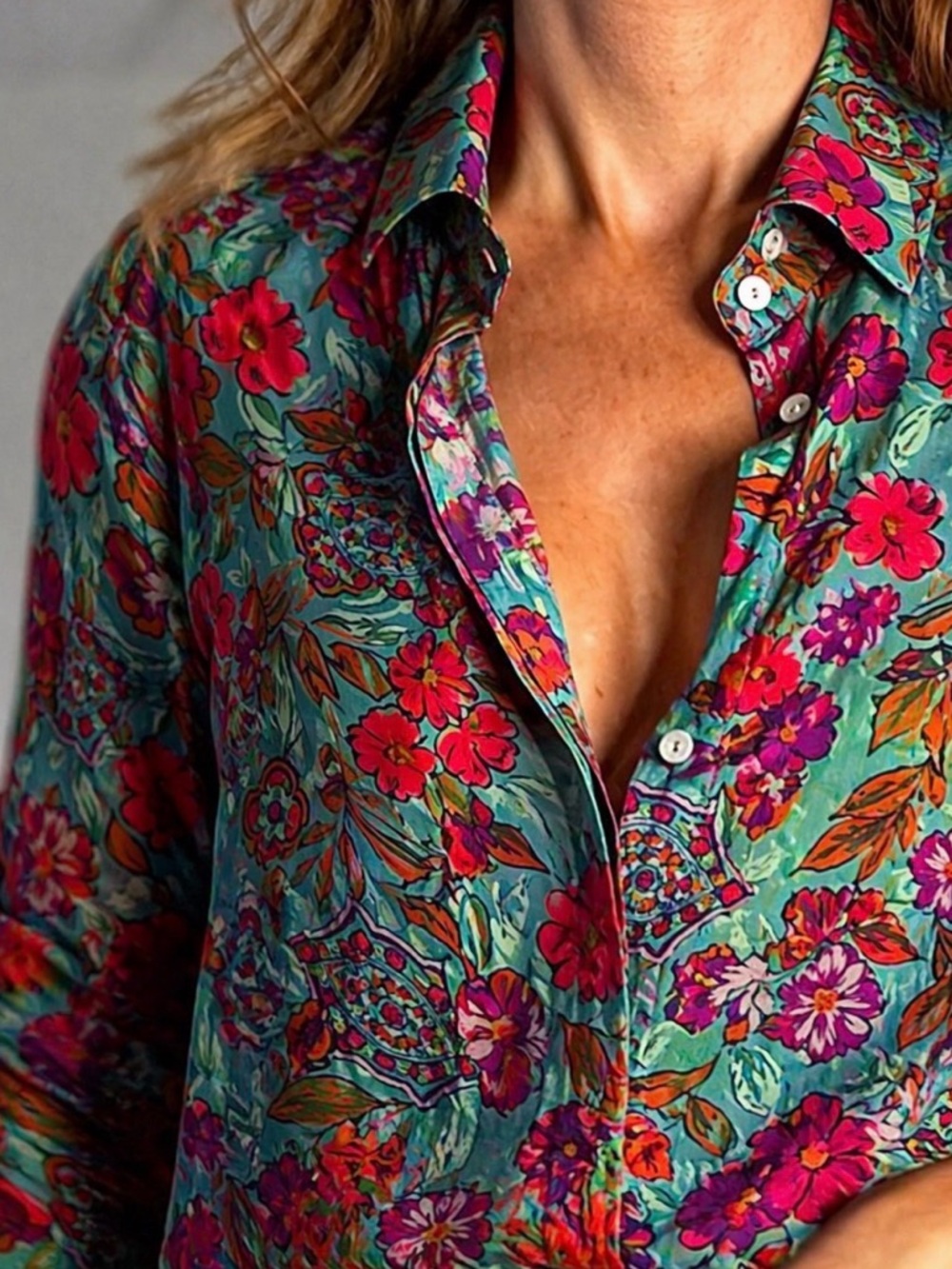 Vintage 100% Silk Floral Blouse | European Chic Button-Up, Size M